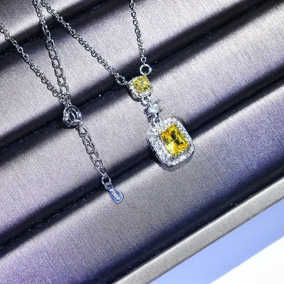 🌸Bling Double Royal Yellow Zircon Silver Plated Necklace for Women, UNVN12412 - Picture 7 of 7
